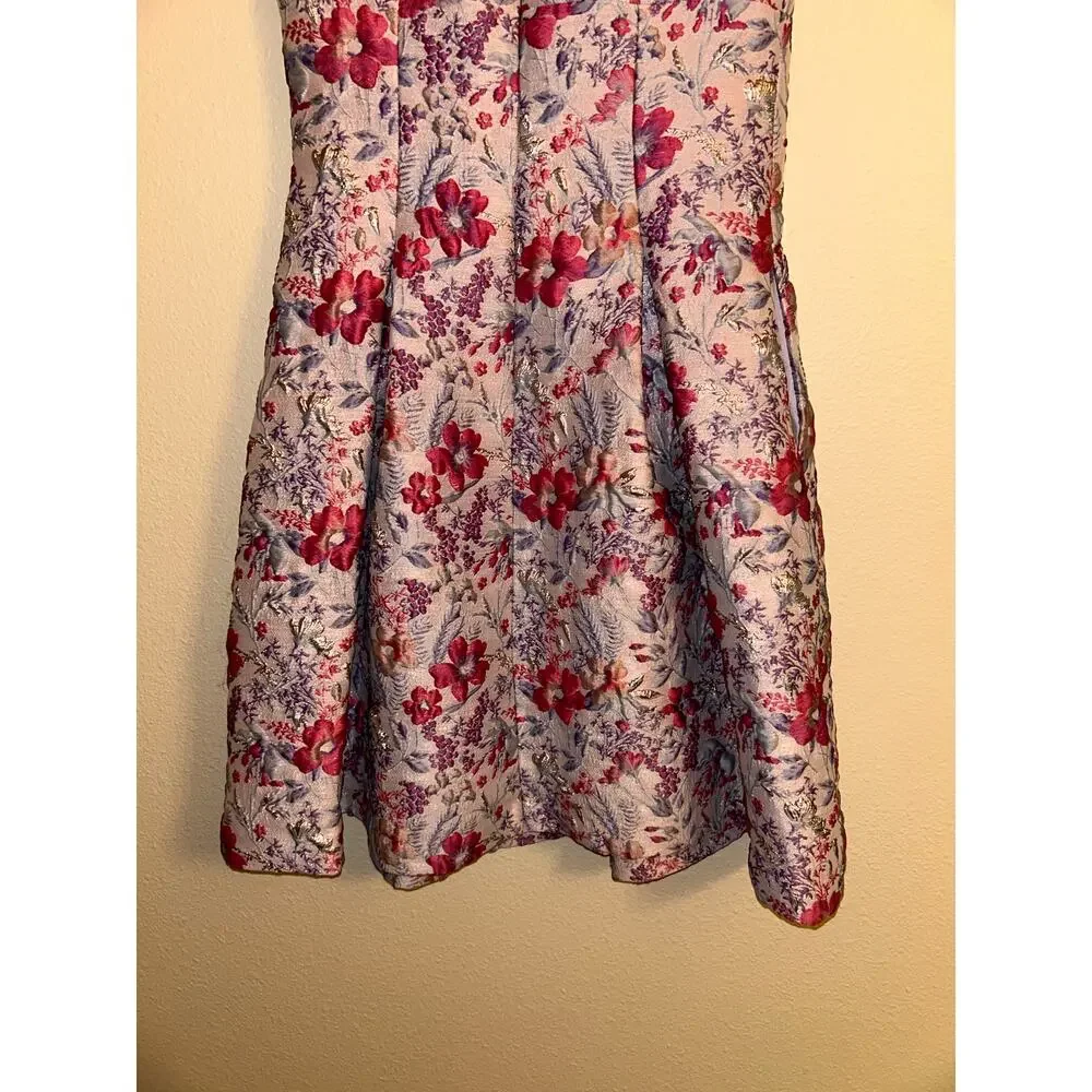 Aidan Mattox Floral Jacquard Dress 2 Pink Lilac Metallic Fit Flare Pockets Prom - Picture 12 of 13